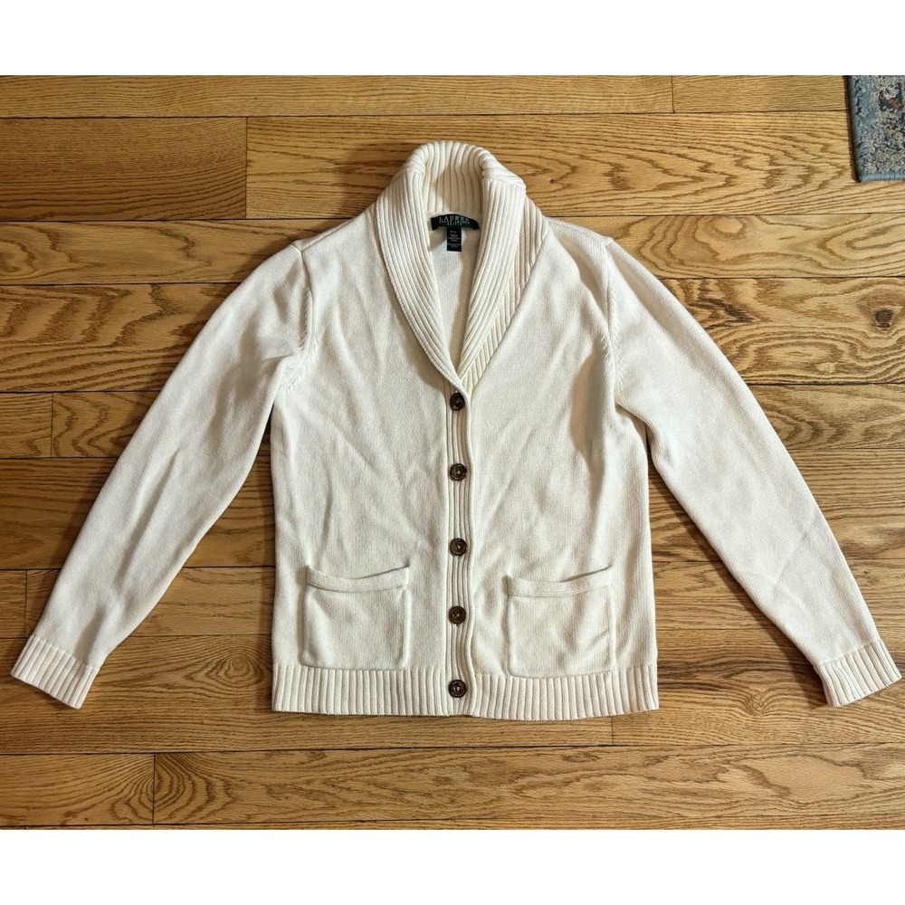 Lauren Ralph Lauren Shawl Collar Cardigan Sweater Cream Cotton Women's Petite L